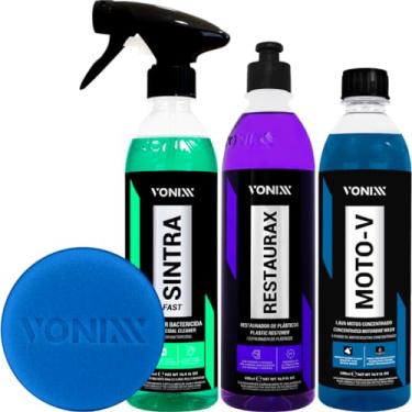 Imagem de Kit Moto-V Shampoo Desengraxante Remove Barro + Restaurax Revitalizador + Sintra Fast