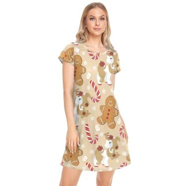 Imagem de CHIFIGNO Camisola feminina de Natal com estampa macia, vestido de pijama fofo para mulheres, Cavalo de Natal e homem de gengibre, XXG