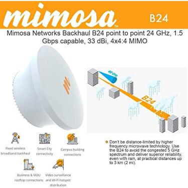 Imagem de Mimosa Backhaul B24 ponto a ponto 24 GHz, capacidade de 1,5 Gbps, 33 dBi, 4x4:4 MIMO, fonte de alimentação PoE, Gigabit ethernet (RJ45) e fibra gigabit (SFP cage), modos de operação: Hot standby