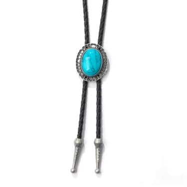 Imagem de AZORA Western Cowboy Bolo Gravata masculina de couro com pingente de corda e pingente de joia trançada para homens, Turquesa-prata, adjustable