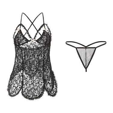 Imagem de PRIOKNIKO Lingerie erótica lingerie sexy mulher renda transparente sexy camisa de alças de tamanho grande, preto 2, metro, Preto 2, M