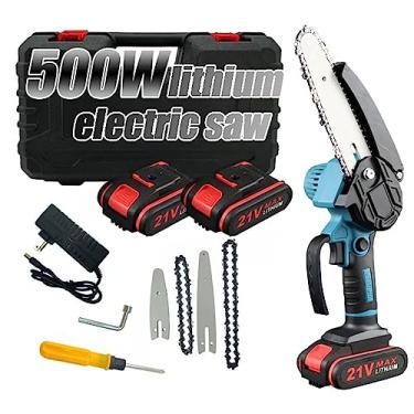 Imagem de Mini motosserra 4 polegadas 6 polegadas motosserra portátil com trava de 2 correntes 21 v bateria recarregável operada motosserra elétrica sem fio para galhos corte de madeira corte de