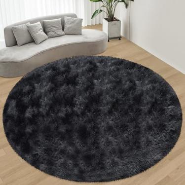 Imagem de ATRUG Tapete redondo fofo grande preto de 2,4 m para quarto, tapete redondo peludo tingido de gravata antiderrapante, felpudo felpudo círculo grande tapete para sala de estar, berçário, sala de jogos