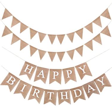 Imagem de Faixa de feliz aniversário colorida guirlanda de bandeirinhas de feliz aniversário, 2 banners de tecido de feltro decorações de festa de feliz aniversário cores sortidas decorações de guirlanda de festa (linho)