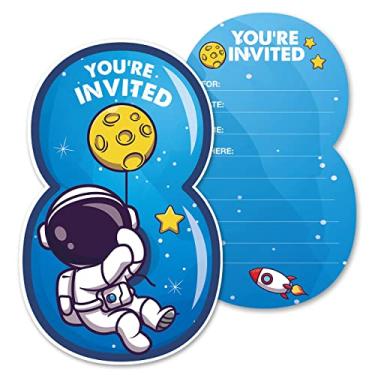 Imagem de Opomzk Cute Outer Space Convites de festa de 8 anos com envelopes, 20 conjuntos de astronautas espaciais convites em formato de oito convites para festas infantis de sétimo aniversário, lembrancinhas