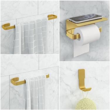 Imagem de Kit Acessório Para Banheiro Dourado 4 Peças Suporte Celular - JGC COME