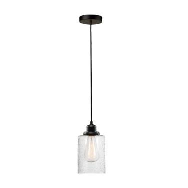 Imagem de Globe Electric 60542 Annecy 1 luz pendente de encaixe ou fio duro, bronze escuro, sombra de vidro sementeira, cabo de tecido preto de 4,5 m, interruptor de liga/desliga em linha