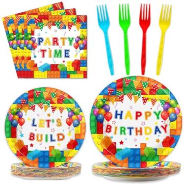 Imagem de gisgfim 96 peças de blocos de montar, suprimentos de festa de aniversário, pratos de papel, guardanapos, blocos coloridos, decorações de aniversário, lembrancinhas de menino ou menina, para 24