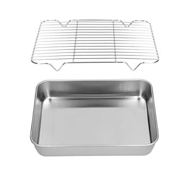 Imagem de Conjunto de assadeira e rack, forma retangular de bolo de carne de aço inoxidável com bandeja de drenagem, assadeira de peru, assadeira com rack para cozinhar (23,5 * 17,5 * 5 cm)