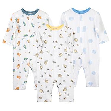 Imagem de MICHLEY Macacões para bebês, pacote com 3, macacões de manga curta para meninos e meninas de 3 a 24 meses, roupa casual, Mangas compridas (tricerátopo + homem espacial + azul), 9-18 Meses