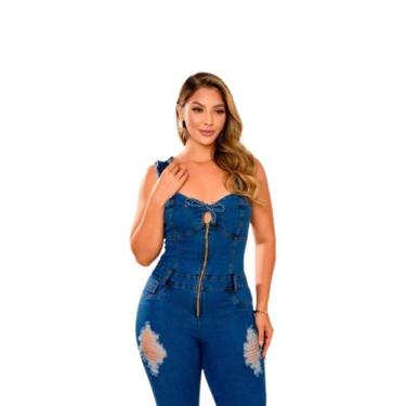 Imagem de Macacão feminino jeans lycra  skinny com ziper frente - Três Corações,