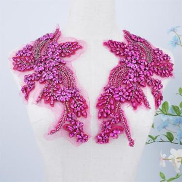 Imagem de 1 par de apliques de strass feitos à mão, aplique de renda de flor de cristal, pares multicoloridos para roupas DIY, vestidos de casamento, decoração de casa (rosa vermelha)