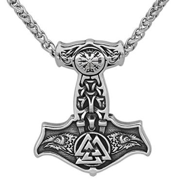 Imagem de GuoShuang Colar masculino Nordic Viking Mjolnir Thor Hammer Valknut de aço inoxidável com bolsa de presente Valknut, Aço inoxidável, n/a