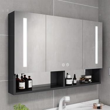 Imagem de Armário de medicamentos de LED com espelho 2 portas iluminado armário de remédios com desembaçador, 88 x 71 cm iluminado armário de espelho de LED para banheiro moldura de metal, preto, 60 x 68 x 13