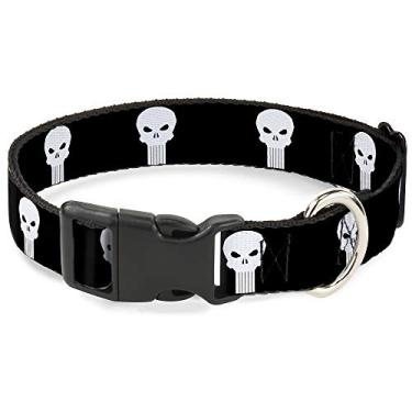 Imagem de Coleira de cachorro com clipe de plástico logotipo do Justiceiro 3 preto e branco 33 a 45 cm de largura 3,8 cm