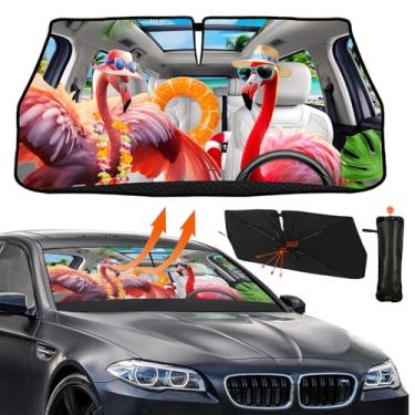 Imagem de Guarda-sol engraçado flamingo carro para-brisa guarda-chuva bonito flamingo guarda-sol para carro dobrável bloco de guarda-chuva raios UV calor manter o veículo fresco para carros SUV 144.8 cm x 76.2