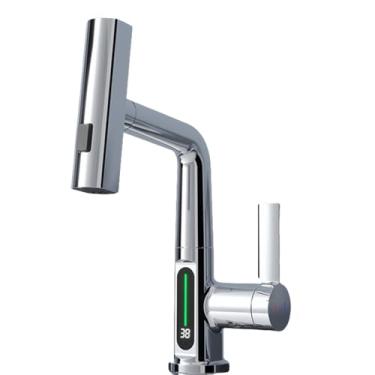 Imagem de Torneira de cozinha tipo cascata, branca, com display digital inteligente, torneiras misturadoras frias e quentes, giratória, com elevação de pia, cromada