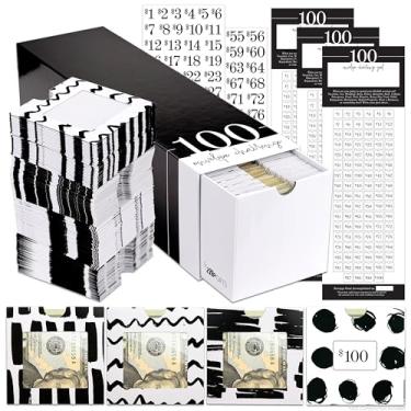 Imagem de ZipGifts Kit de Desafio de Economia de Dinheiro de 100 Envelopes de US$ 5.050 | 108 Envelopes de Recheio de Cartão Premium com Janela de Plástico Transparente, Adesivos, 3 Folhas de Marcação e Caixa de Gaveta (Pontos e Linhas)