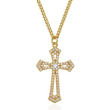 Imagem de MEVECCO Colar feminino com cruz de ouro delicado banhado a ouro 18 K, delicado minimalista, zircão cúbico, cruz, joias fofas para presente de fé/crucifixo, Latão, Sem Pedra Preciosa