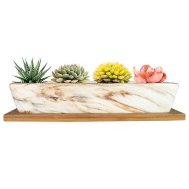 Imagem de ARTKETTY Vasos para suculentas, vasos de suculentas de cerâmica de 24 cm com drenagem, pequeno vaso de bonsai com bandeja de bambu, mini vaso de flores de cacto, vaso de janela retangular raso para