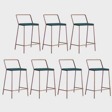 Imagem de Kit 07 Banqueta Alta Com Encosto Mili Industrial Cozinha Bistrô Ferro Bronze Sintético Azul Turquesa - Ahz Móveis