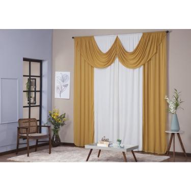 Imagem de Cortina Paris 3,00 x 2,80 Sala Quarto Decoração com Bando Malha Gel Palha e Amarelo Mostarda