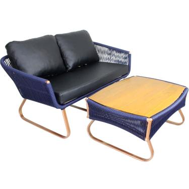 Imagem de Sofá Milão 2 Lugares e Mesa com Tampo de Madeira em Alumínio e Corda Sintética para Área, Edícula, Piscina e Decoração Trama Original