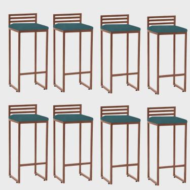 Imagem de Kit 08 Banqueta Alta Com Encosto Núria Balcão Bar Cozinha Bistrô Ferro Bronze Suede Azul Turquesa - Ahz Móveis