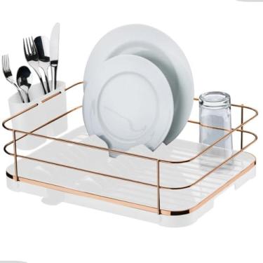 Imagem de Escorredor de Loucas Pratos Talher Copos Com Bico de Escoamento Cozinha Preto Rack Cozinha(Branco/Rose Gold)