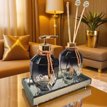 Imagem de Kit Lavabo Luxo Decoração Completo Vidro Preto Dourado Difusor Saboneteira