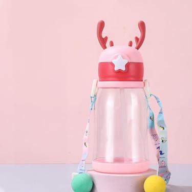 Imagem de Garrafa Infantil Premium com Chifres de Alce, Canudo e Alça 600 ml (Rosa)