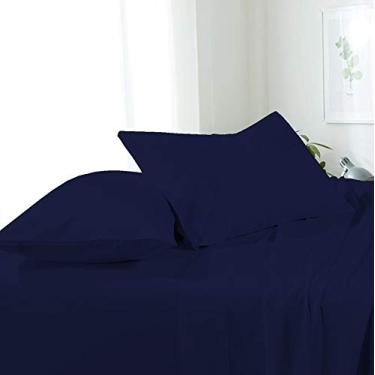 Imagem de Lençóis para cama d'água 100% algodão egípcio 600 fios anexados lençóis para cama d'água California King Size 4 peças, conjunto de lençóis para cama d'água 45,7 cm, azul marinho cor sólida