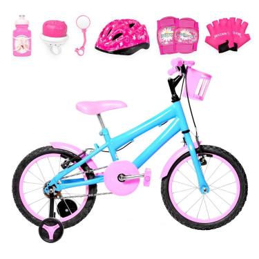 Imagem de Bicicleta Aro 16 Alumínio + Kit Proteção Azul Claro E Rosa