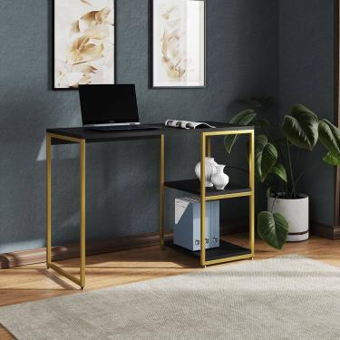 Imagem de Mesa Escritório Berlim Industrial com Prateleira Ferro Dourado Tampo 110x46 Preto