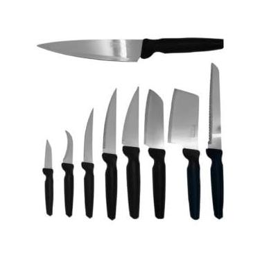 Imagem de Conjunto de Facas Plenus, 9 Peças, Aço Inox, Cabo Polipropileno Preto, Inclui Faca Chef, Pão, Santoku, Cutelo