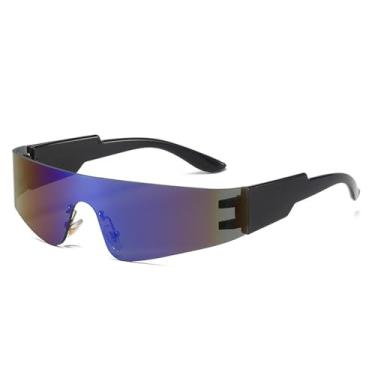 Imagem de Óculos de sol punk retrô sem aro feminino, fashion, colorido, espelhado, UV400, masculino, esportivo, peça única, óculos de direção (preto, azul, espelhado)