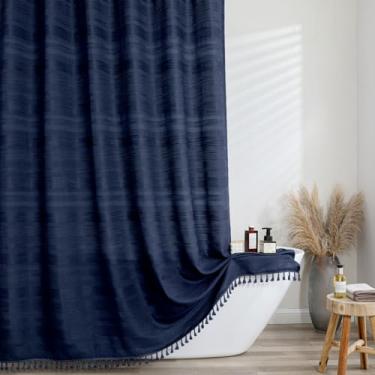 Imagem de OVZME Cortina de chuveiro boho extralonga 213 cm de comprimento, tecido macio texturizado de linho moderno de fazenda resistente, cortina de chuveiro de pano rústico com borla para banheiro hotel