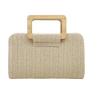 Imagem de U·helper Bolsa clutch de palha, bolsa noturna de tecido com alça de madeira, bolsa transversal de praia de verão, bolsa feminina boho para férias, Caqui
