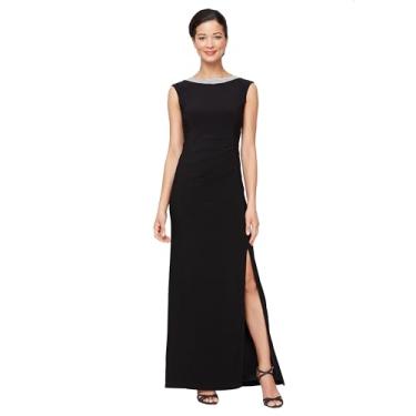 Imagem de Alex Evenings Vestido feminino de jérsei longo com frente franzida e decote enfeitado (tamanhos pequenos e regulares), Enfeite preto, 11
