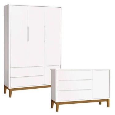 Imagem de Cômoda Infantil E Guarda Roupa 3 Portas New Classic Branco Com Pés Madeira ? Reller