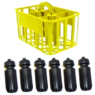 Imagem de Cesta Squeeze com 6 Garrafas Personalizada | Cesta para Times de Futebol, Treinos e Campeonatos | Brinde Esportivo (Cesta Amarela+Garrafa Preta)