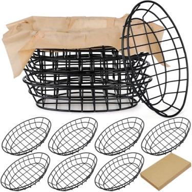 Imagem de Hushee 12 peças de cesta de pão de arame oval de metal para servir cesta de frutas, armazenamento de cesta com 50 folhas de papel para mesa de cozinha, hambúrguer de fast food (preto, 29 x 19 x 5 cm)