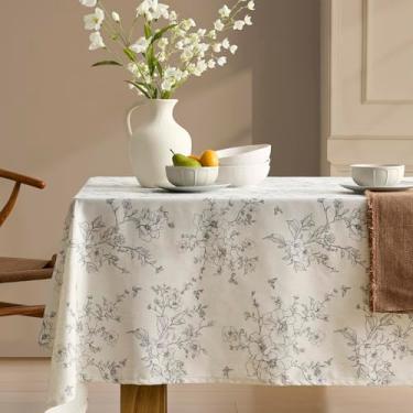 Imagem de Toalha de mesa retangular de linho, toalha de mesa floral, com estampa de flores cinza, serapilheira, texturizada, vintage francês, rústico, capa de mesa para piquenique, jantar, festa, decoração de