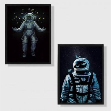 Imagem de Kit 2 Quadros Astronautas Com Borboletas 24X18Cm Preta