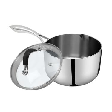 Imagem de Woogim Tampa de vidro para panela de leite de aço inoxidável engrossada incluída, cabo curvo ergonômico com orifícios para coador e bico para despejar, panela de 2 litros, adequada para várias