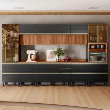 Imagem de Cozinha Completa Proença 12 Portas 10 Gavetas Ripado 100% Mdf com Vidro D3702rp Nogueira/Carbono Prime Tx - Demobile