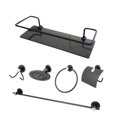 Imagem de Kit Acessórios 6 Peças Aço Inox Com Porta Shampoo Reto Preto