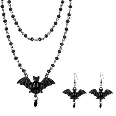 Imagem de NOVYRA Conjunto de joias góticas pretas vintage cristal preto lua cruz morcego brincos colares joias de Halloween para mulheres, adjustable, Metal, Sem Pedra Preciosa
