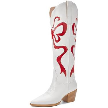 Imagem de OAKUMSAS Botas Cowgirl – Botas femininas caubói com laços coloridos bordadas, branco ocidental, botas na altura do joelho, modernas, bico amendoado, salto grosso, botas altas, Laço vermelho, 39