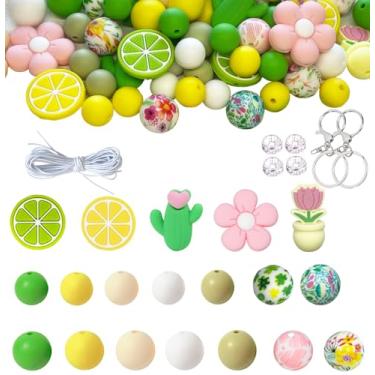 Imagem de Kit de 112 contas de silicone para fabricação de chaveiros, contas focais de 15 mm com pingentes e cordão elástico, suprimentos DIY para presentes artesanais, pulseiras, decorações de caneta